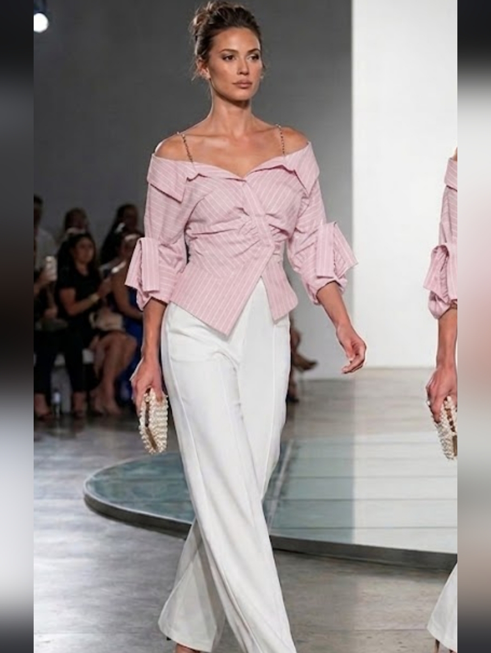 Off-Shoulder Pink Stripe with Knot Front Puffy Ballons Sleeves Rhinestones Strip